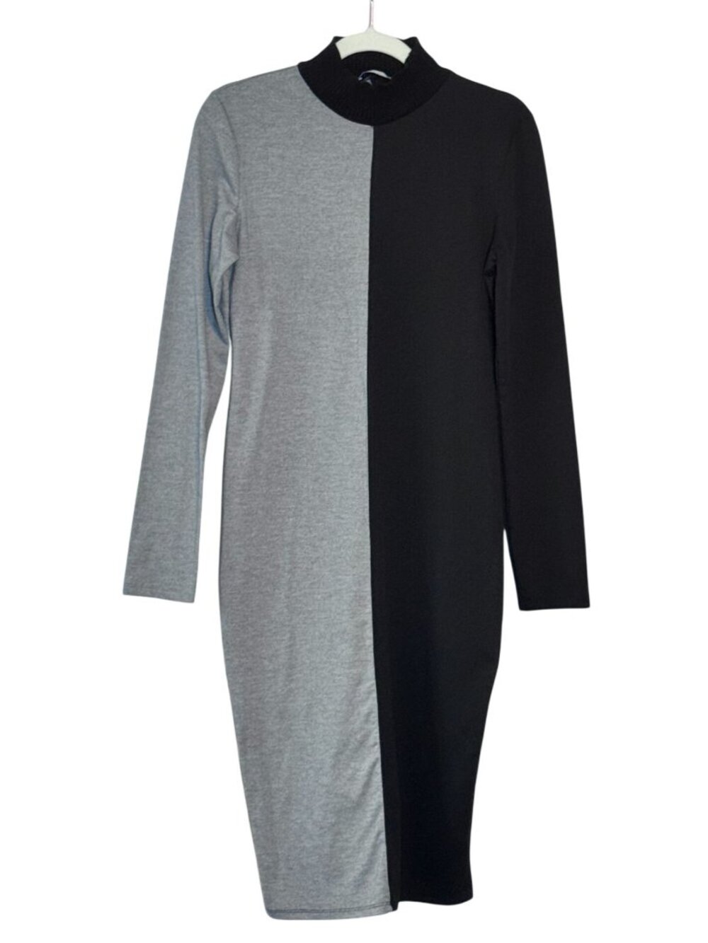 Zara Basic Two Tone Gray and Black Colorblock Long Sleeve Bodycon Midi Dress Siz